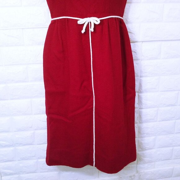 Vintage 60s Handmade Sheath Tank Dress Lady(8) Wool Piping-Trim Bow Zipper Red - Picture 5 of 10